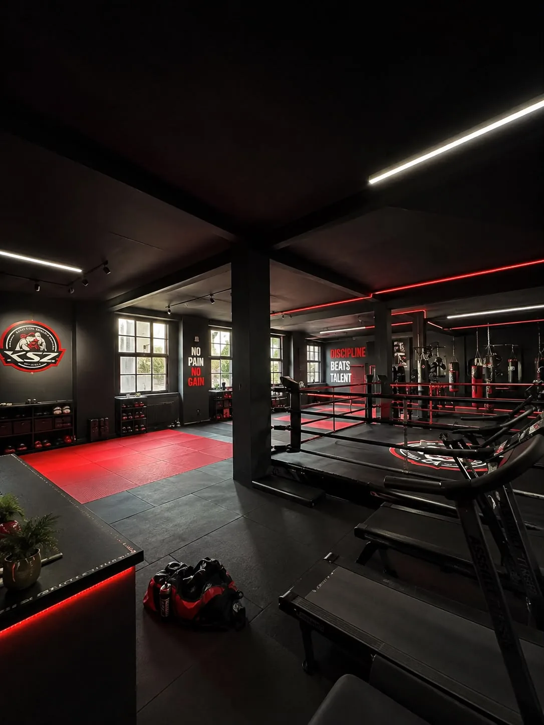 Trainingssaal im KSZ Wuppertal mit Boxring, Mattenfläche und Sandsäcken